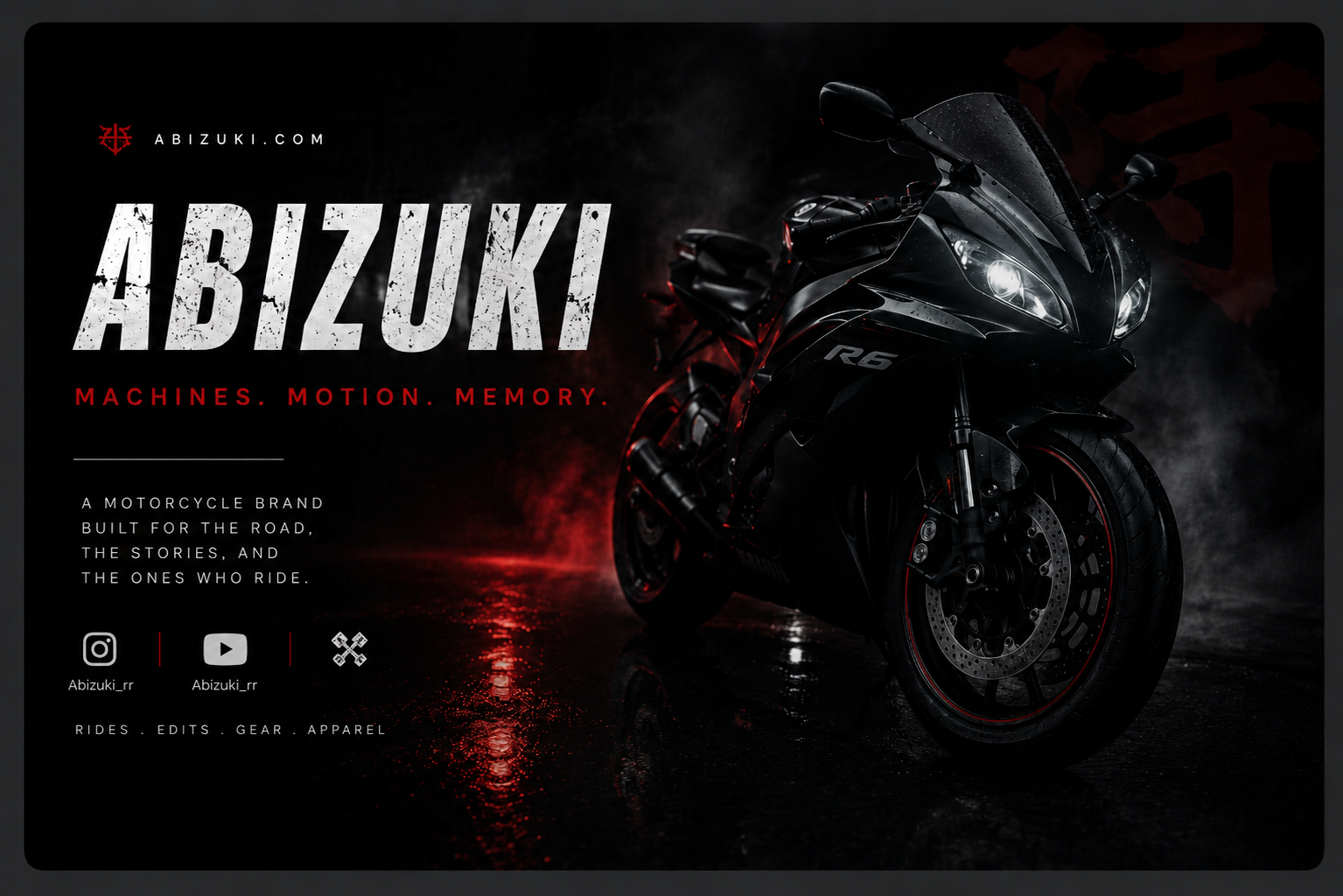 Abizuki brand card with motorcycle artwork