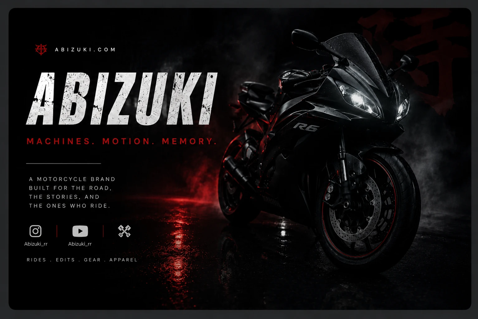 Abizuki brand card with motorcycle artwork