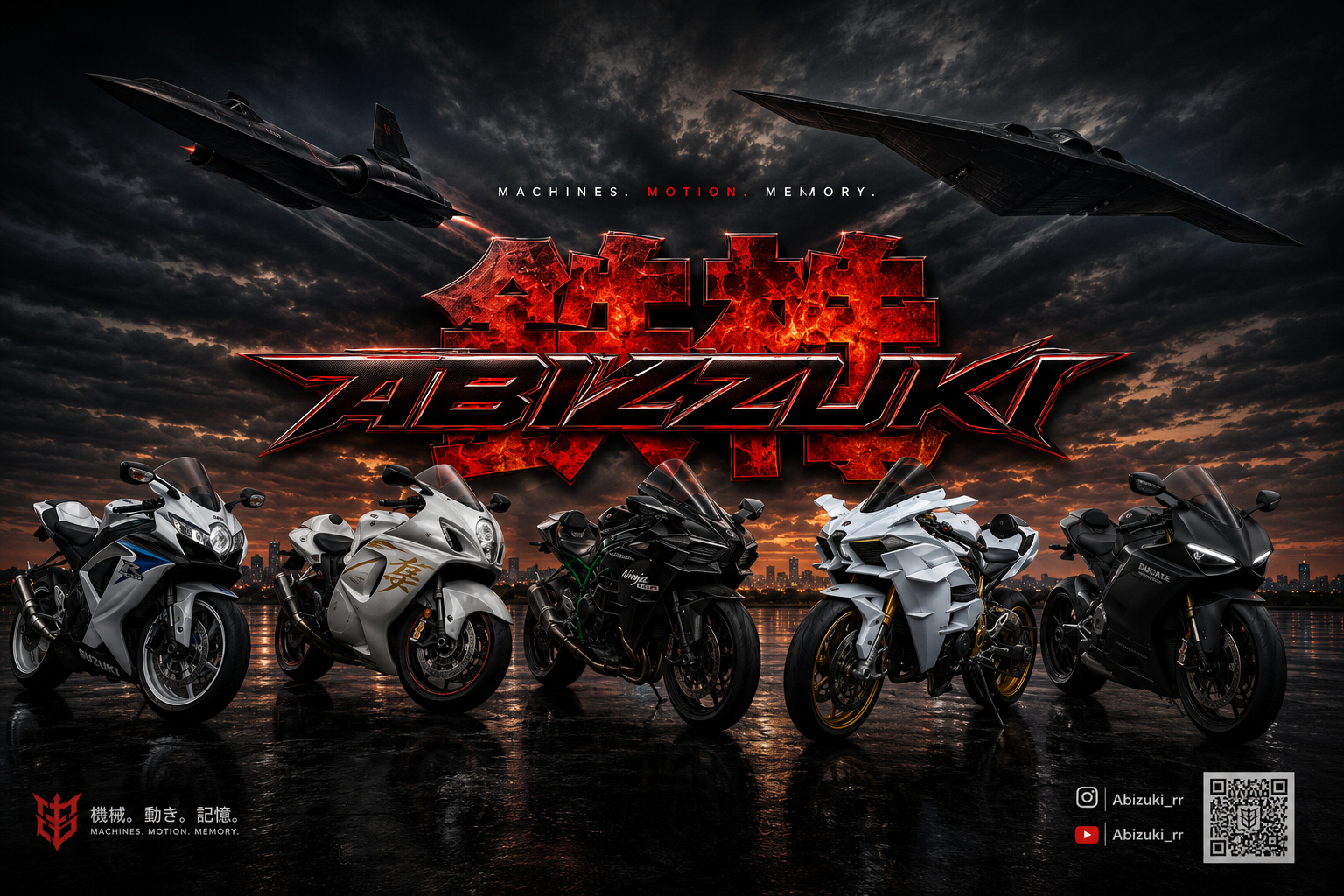 Abizuki cinematic jet and motorcycle composition