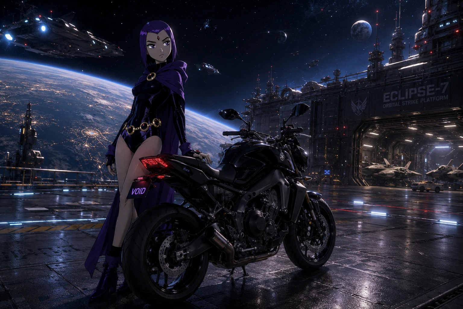 Abizuki anime lore character with motorcycle in orbital base