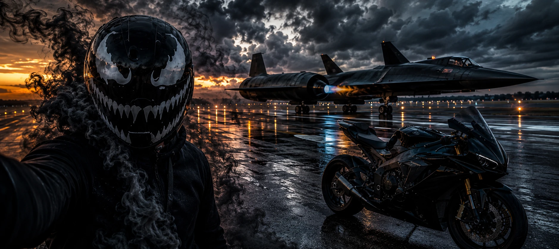 Masked rider with motorcycle and jet on a wet runway