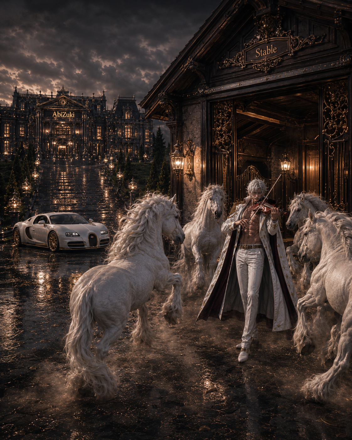 Anime rider with white horses outside the Abizuki stable
