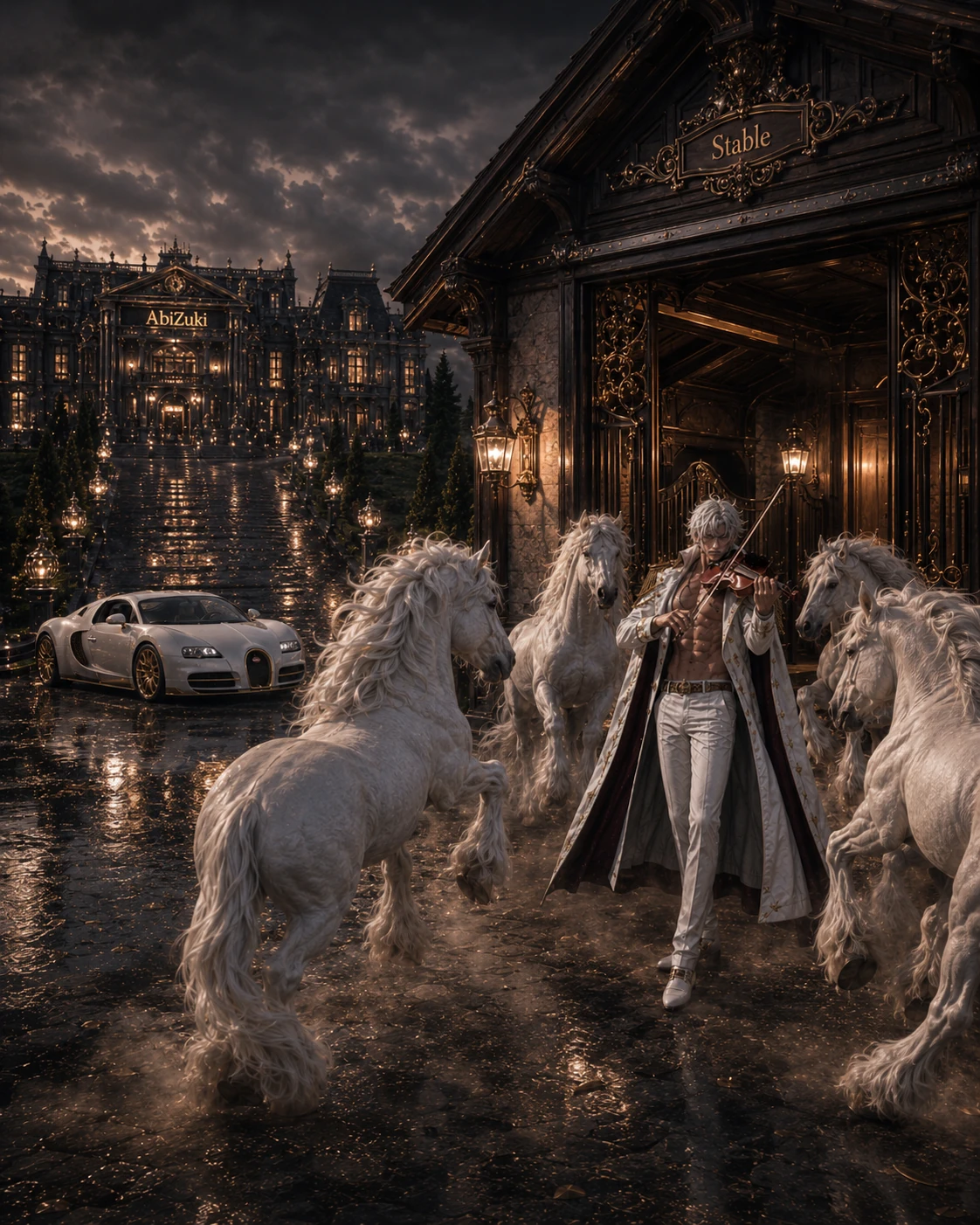 Anime rider with white horses outside the Abizuki stable
