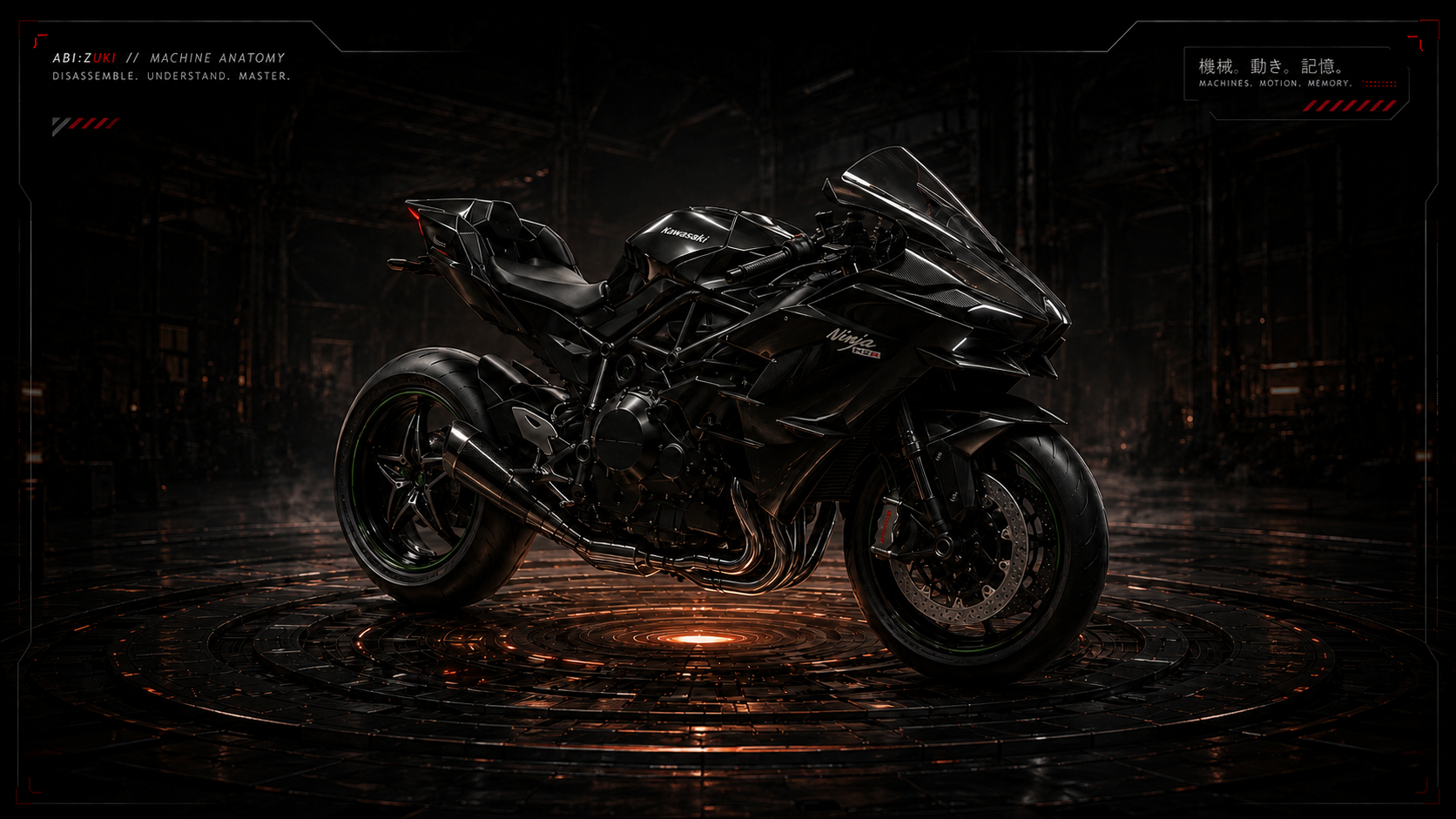 Kawasaki H2R style motorcycle parked in a dark futuristic machine bay