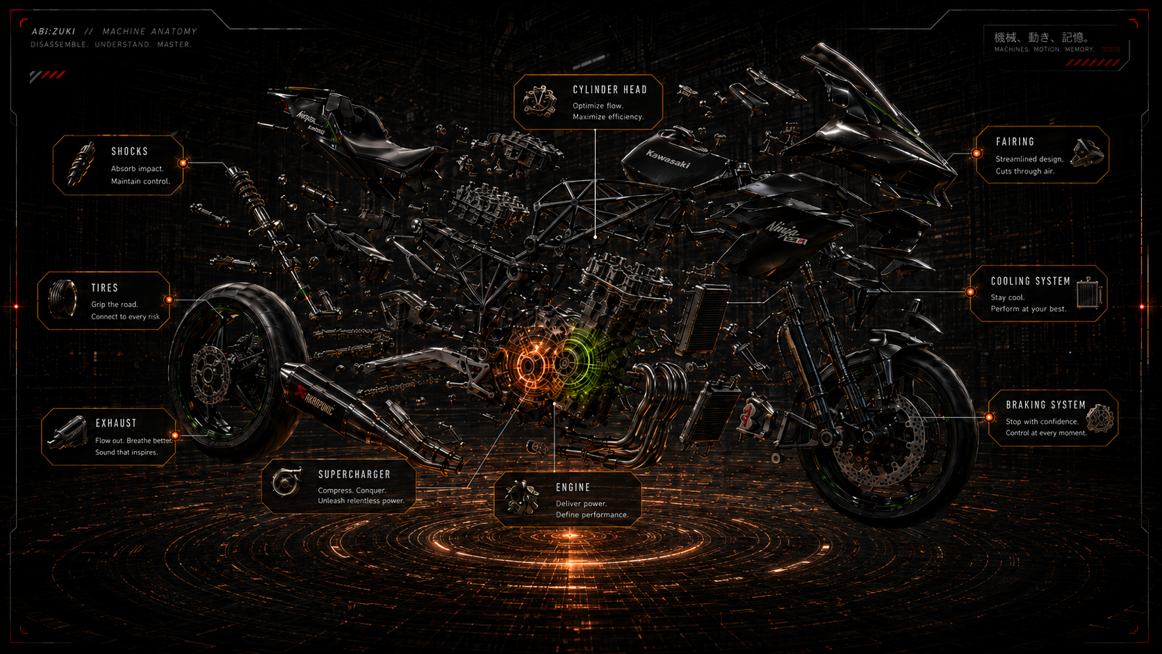 Kawasaki H2R style motorcycle shown in exploded mechanical anatomy view